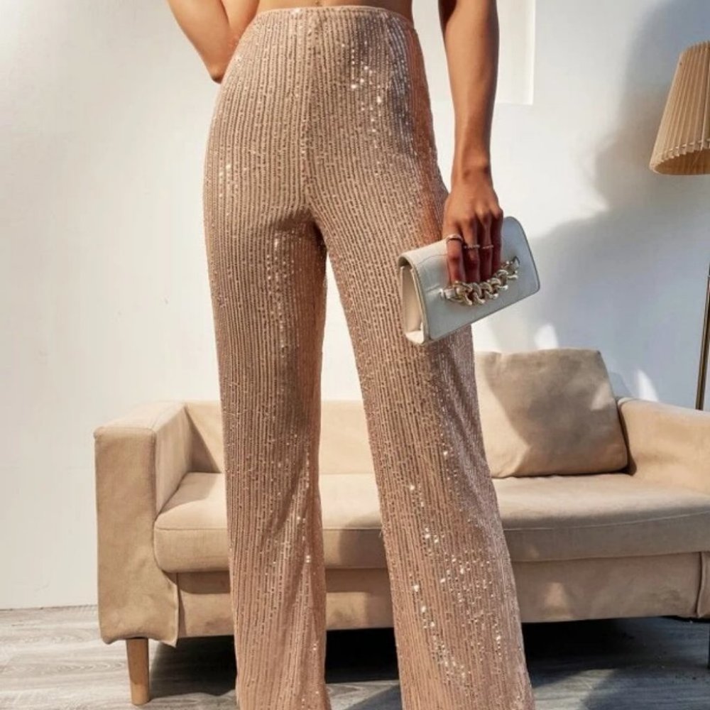 Glamorous Champagne Sequin High Waist Flare Leg Pants - Picture 6 of 6